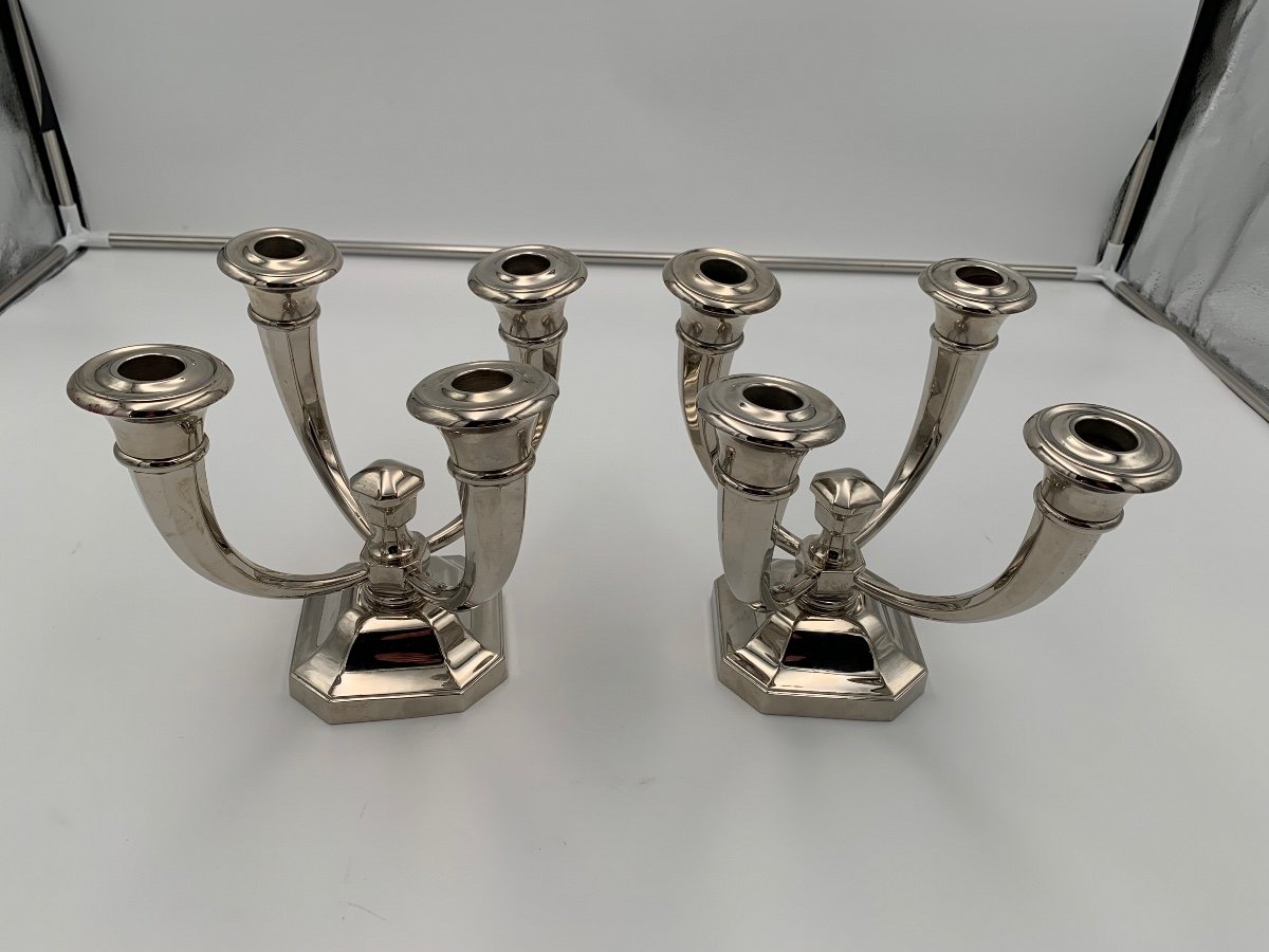 Pair Of Art Deco Candlesticks By Jules Leleu, Nickel-plated Bronze, France, Circa 1930-photo-3