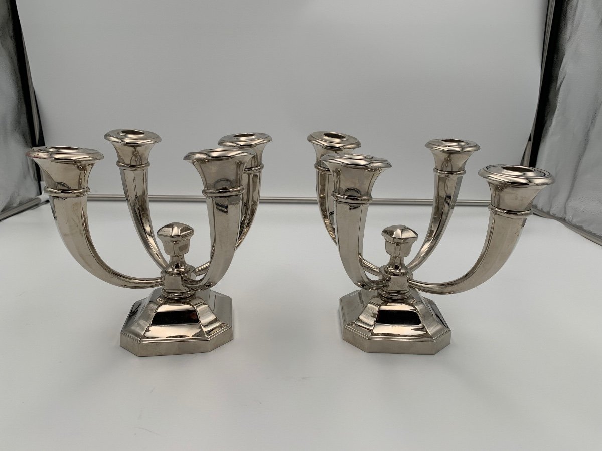 Pair Of Art Deco Candlesticks By Jules Leleu, Nickel-plated Bronze, France, Circa 1930-photo-4