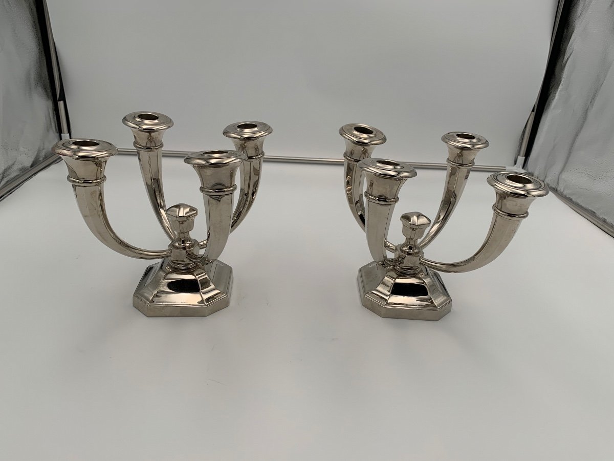 Pair Of Art Deco Candlesticks By Jules Leleu, Nickel-plated Bronze, France, Circa 1930-photo-1