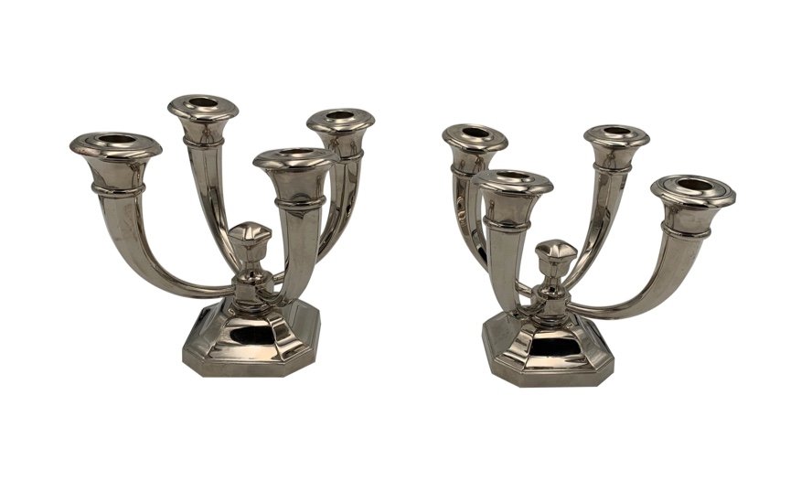 Pair Of Art Deco Candlesticks By Jules Leleu, Nickel-plated Bronze, France, Circa 1930