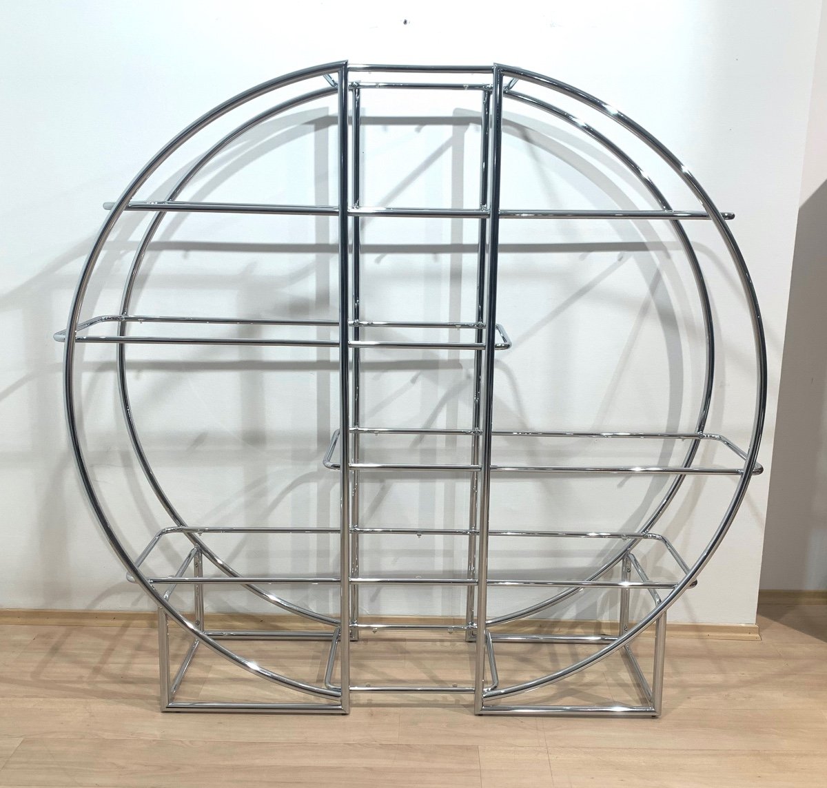 Bauhaus / Art Deco Style Round Shelf, Chromed Steel Tubes And Glass, Germany Circa 1960-photo-3