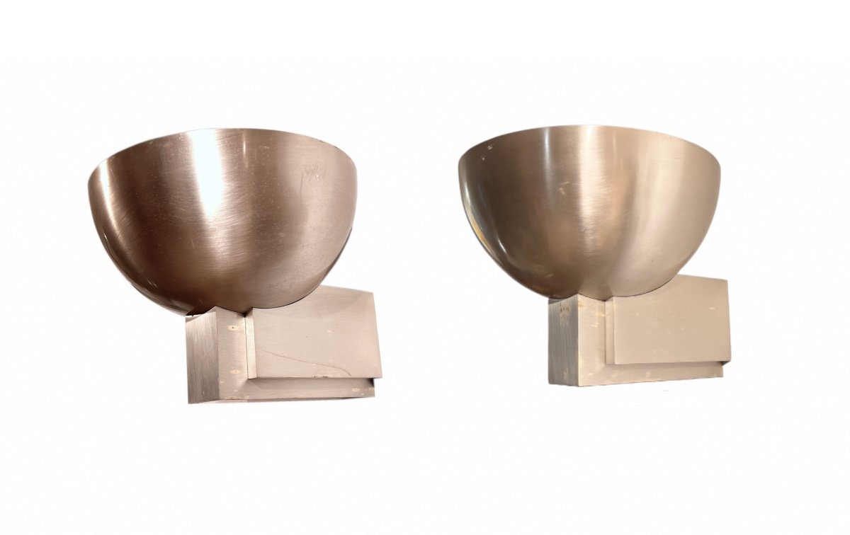 Pair Of Art Deco Wall Lamps By Jean Perzel, Brushed Nickel, France Circa 1930
