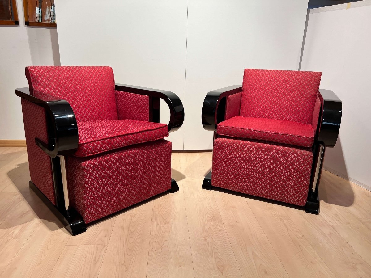 Fauteuils Club Art Déco (paire), Laque Noire, Chrome, France Circa 1930-photo-2