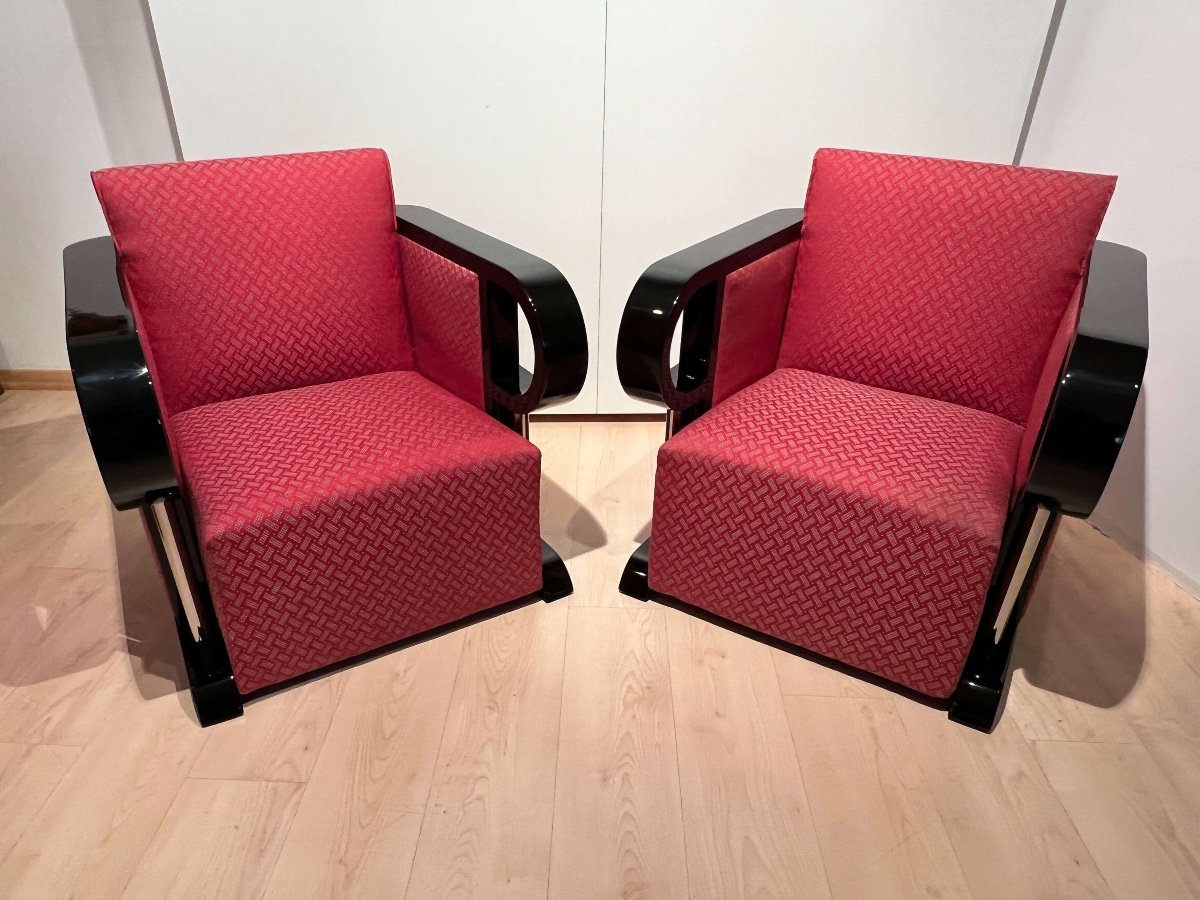 Fauteuils Club Art Déco (paire), Laque Noire, Chrome, France Circa 1930-photo-8
