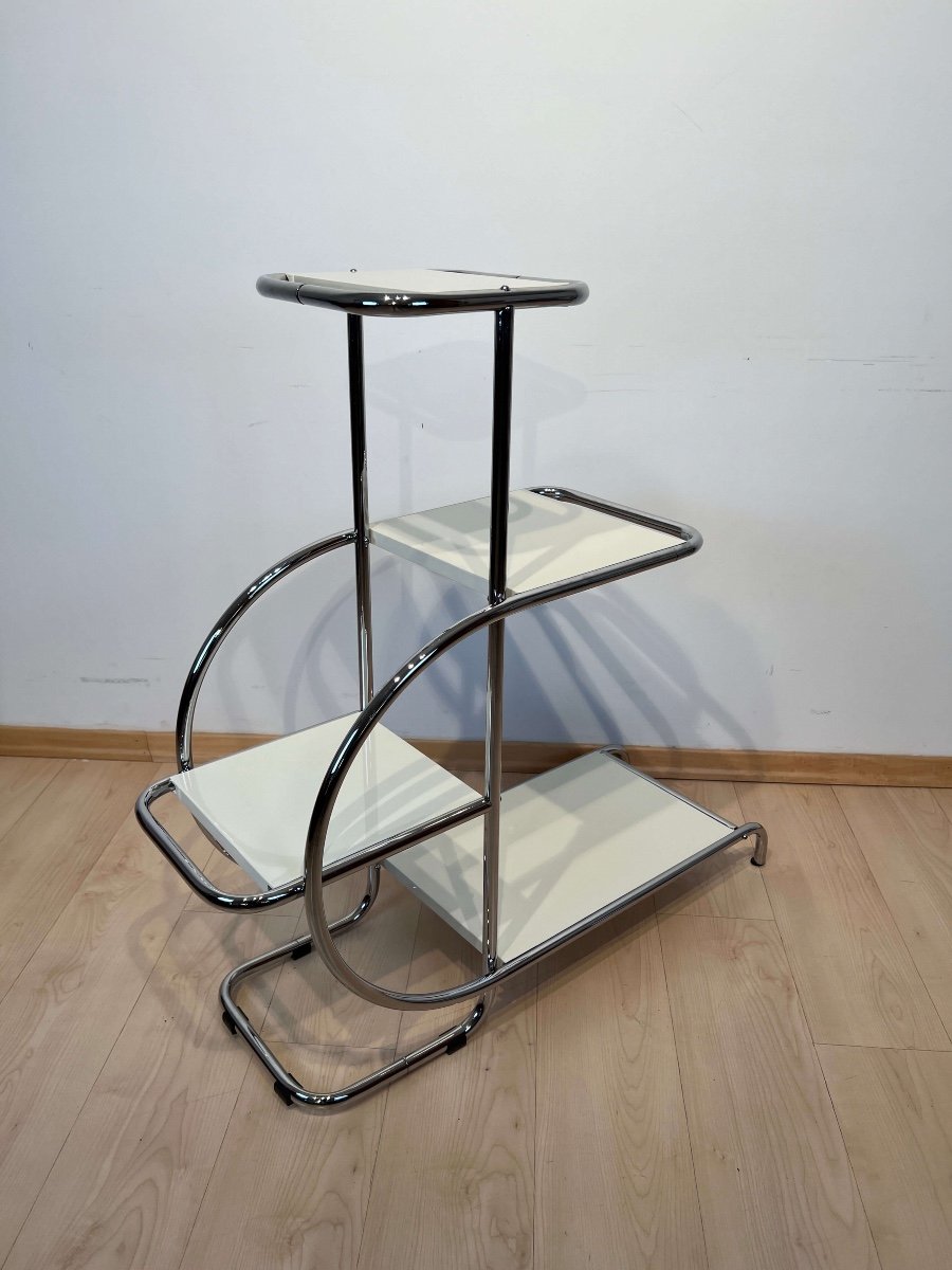 Bauhaus Etagere / Porte-fleurs, Acier Tubulaire, Nickel et Laque Nlanche, Allemagne, Années 1930-photo-1