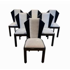Set Of Six Art Deco Dining Chairs, Black Lacquer And Gray Fabric, France Circa 1930