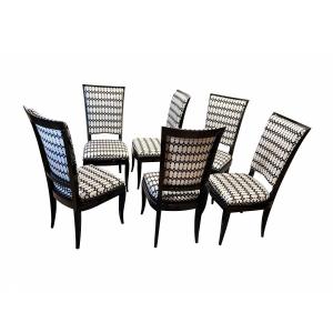 Six Art Deco High Back Dining Chairs, Black Lacquer, France Circa 1930