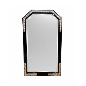 Large Art Deco Wall Mirror, Black Lacquer, Oak, Silver Leaf, France Circa 1930