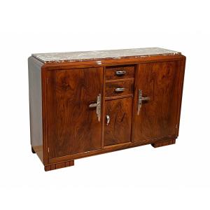 Art Deco Sideboard, Walnut, Lacquer, Nickel Plated Bronze, France Circa 1930