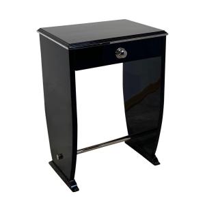 Art Deco Side Table With Drawer, Black Lacquer And Chrome, France Circa 1930