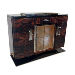 Buffet Art Déco En Macassar Laqué, Erable, Marbre, Chrome, France Vers 1930