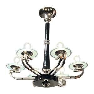 Lustre Art Déco, Laque Noire, Chrome, Verre, France Vers 1930