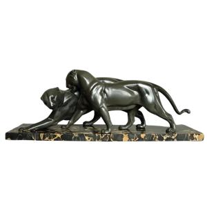 Pair Of Art Deco Panthers From Plagnet, France, Circa 1930