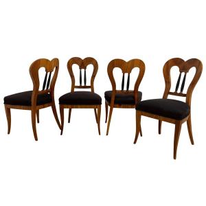 Ensemble de 4 chaises Biedermeier, noyer, daim brun, Allemagne vers 1825
