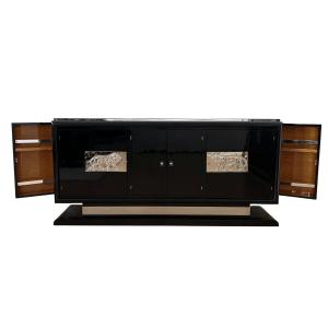 Buffet Art Déco avec appliques de lions, laque noire et chrome, France vers 1930