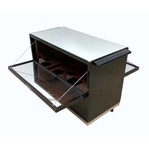Art Deco Bar Cart, Piano Black Lacquer, Mahogany, Mirror, France, Circa 1930