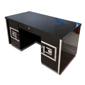 Art Deco Desk, Black Lacquer, Walnut, Metal, France, Circa 1930/40