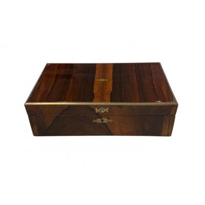 Regency Casket Box, Rosewood Veneer, Brass Fittings, England, Circa 1830