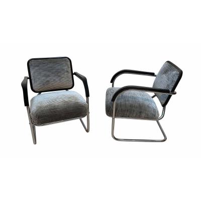 Bauhaus Cantilever Steeltube Armchairs, Nickel, Black, Velvet, Germany, Circa 1930