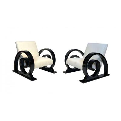 Art Deco Club Chairs (2), Black Piano Lacquer, Creme-white Farbic, France, Circa 1930