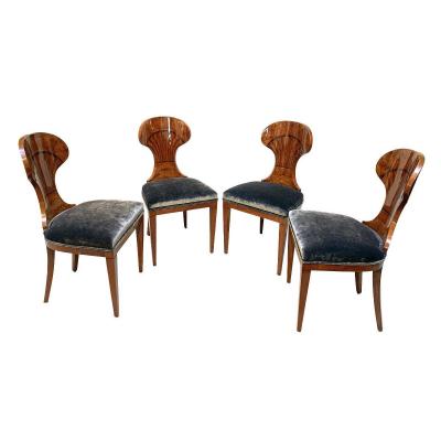 Set Of 4 Biedermeier Balloon Chairs, Ash Veneer With Inlays, Vienna Around 1900