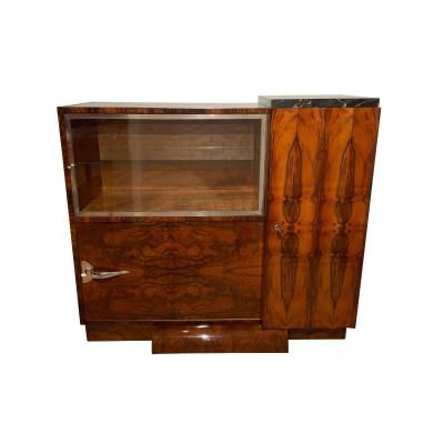 Art Deco Bar Sideboard, Walnut Veneer, Nickel, Glass Door, France Circa 1930