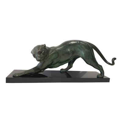 Sculpture Panthère Art Déco Par Plagnet, Bronze Blanc, Marbre, France Vers 1925