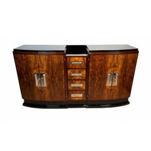 Art Deco Sideboard, Walnut Veneer And Black Lacquer, France Circa 1930