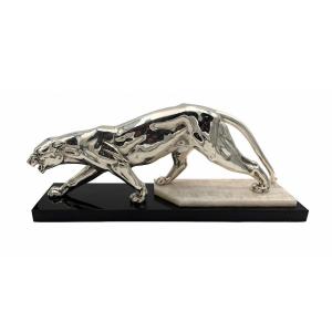 Panthère Marche Sculpture, Silver Plated, Marble, France Circa 1930