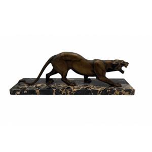 Art Deco Sculpture Of A Panther By Irénée Rochard, Bronze, Marble, France Circa 1930