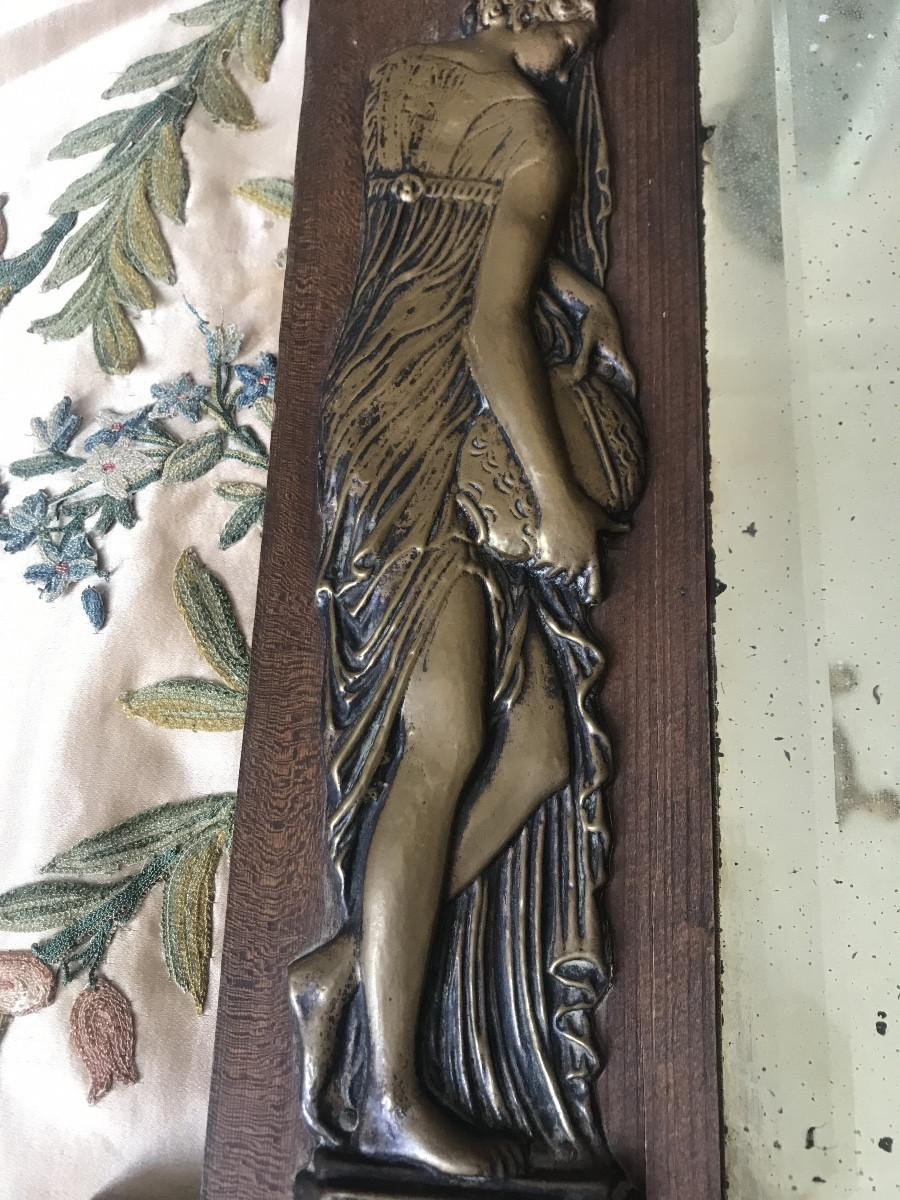 Embossed Brass Mirror With Antique Decor, 19th Century -photo-3