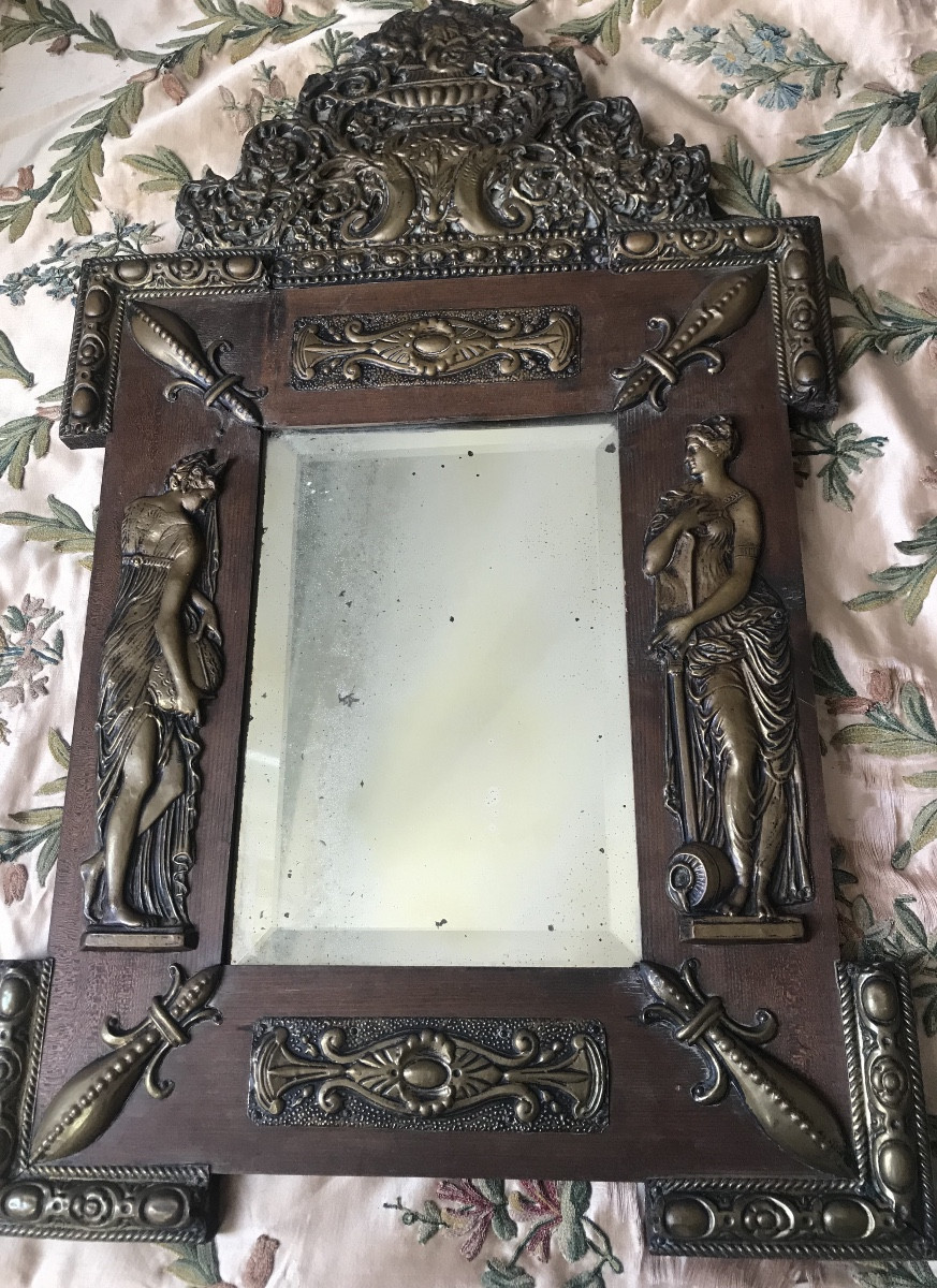 Embossed Brass Mirror With Antique Decor, 19th Century 