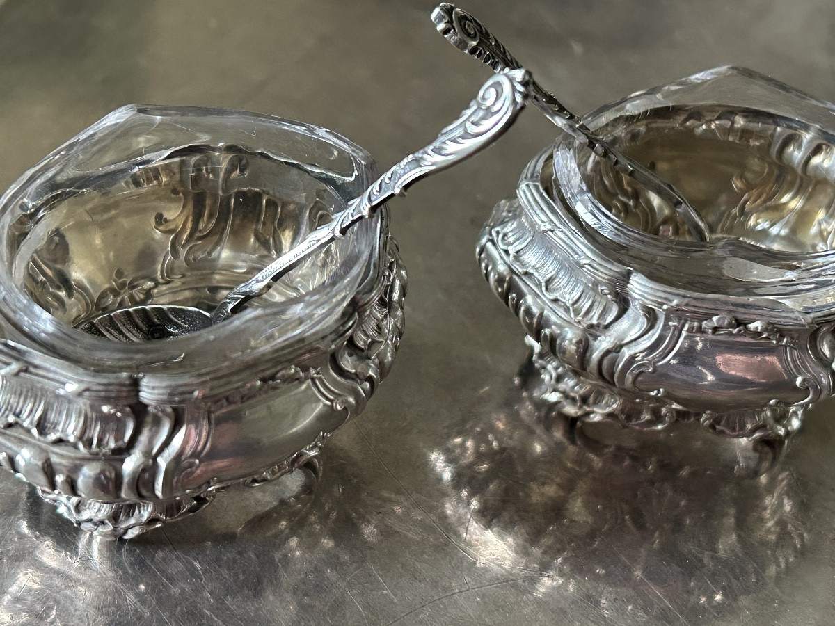 Paire de salerons ou salières en argent style Rocaille époque fin XIX ème siècle-photo-2