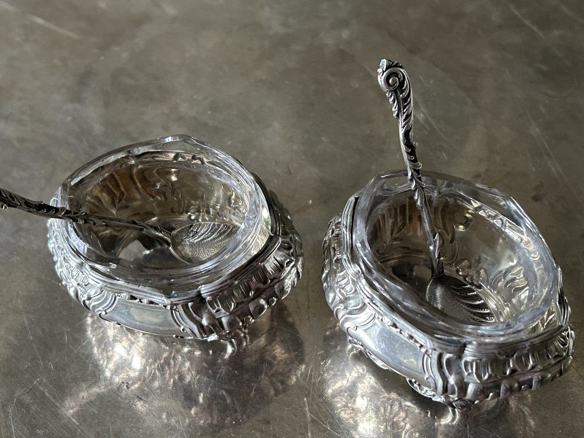 Paire de salerons ou salières en argent style Rocaille époque fin XIX ème siècle-photo-3
