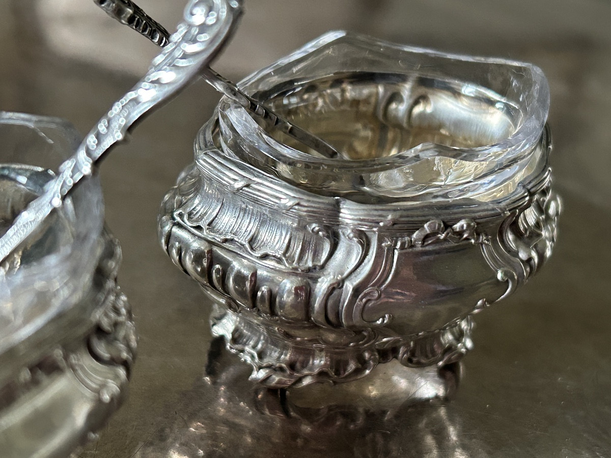 Paire de salerons ou salières en argent style Rocaille époque fin XIX ème siècle-photo-4