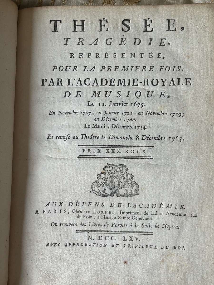Livret de l’opéra Thésée de Lully représentation du 8 décembre 1765 armes de Madame Adélaïde 