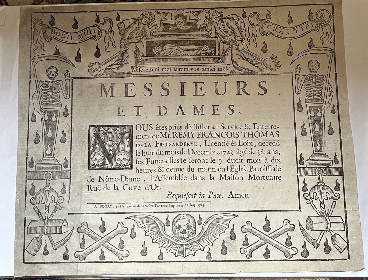 Death Notice For Rémy François Thomas Of La Froisarderie, France, Douai, 1723