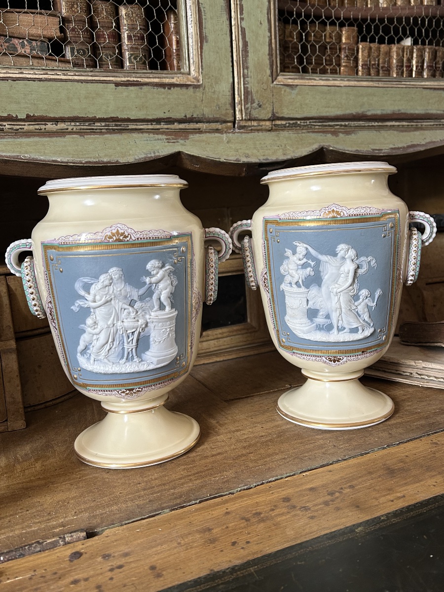Pair Of Porcelain Vases With Neoclassical Decoration Inspired By Wedgwood Reliefs, Circa 1890