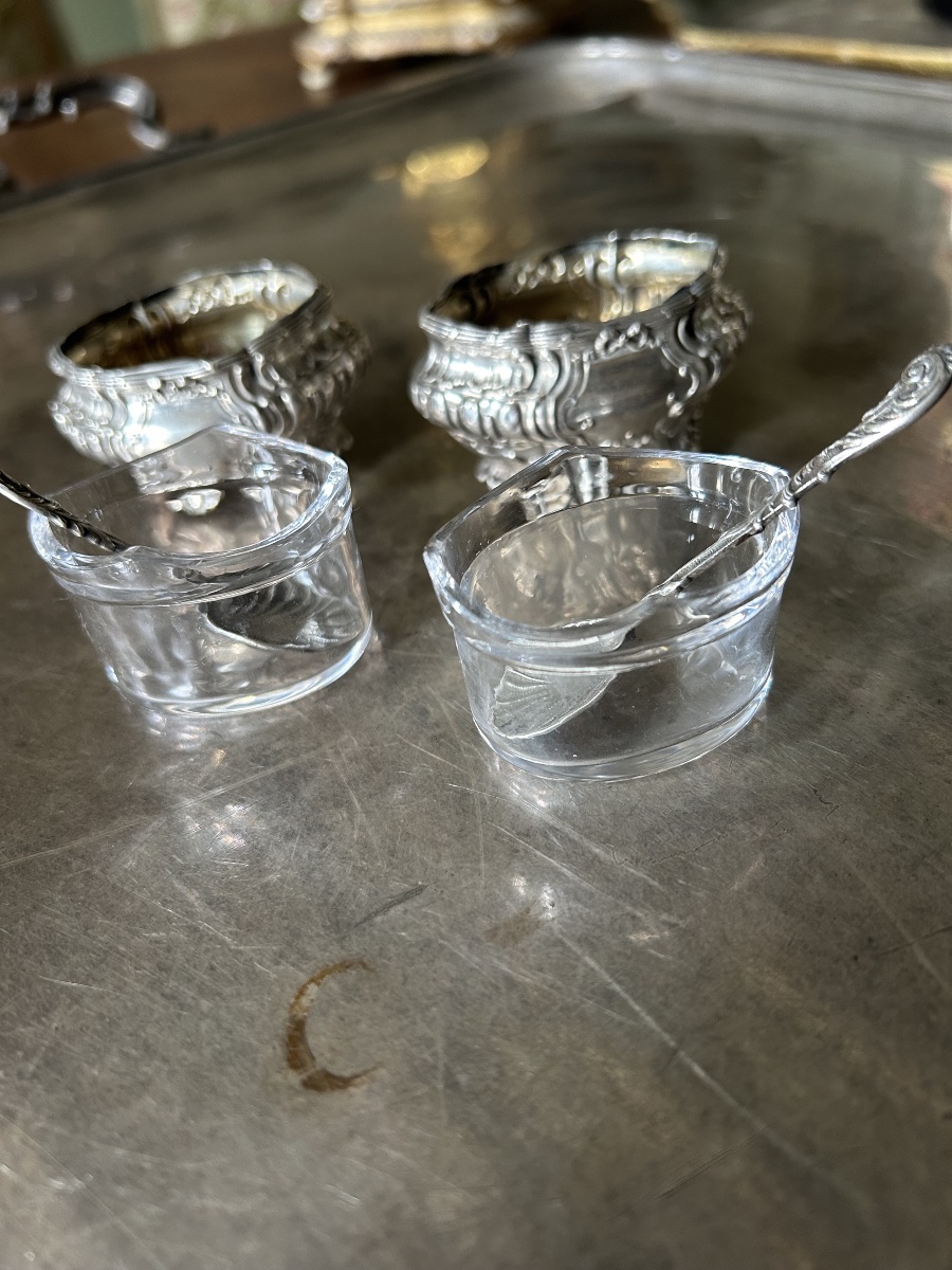 Paire de salerons en argent et leurs cuillères de style Rocaille fin du XIX ème siècle -photo-1
