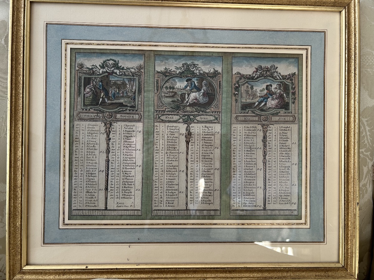 Paire d’estampes Almanach complet de l’année 1789 couleurs rehaussées main
