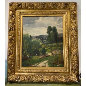 Lavandière Et Paysage , Tableau Seconde Moitié Du XIX ème Siècle 