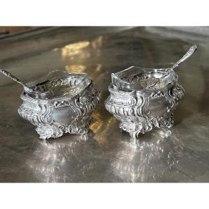 Pair Of Silver Salt Cellars And Their Spoons In The Rocaille Style, Late 19th Century
