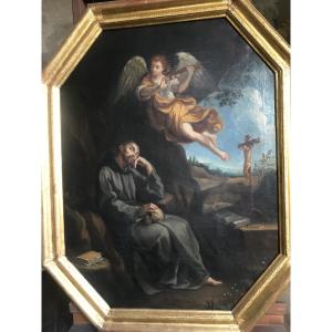 Saint François en extase conforté par un Ange musicien d’après Guido Reni XVII ème XVIII ème s.