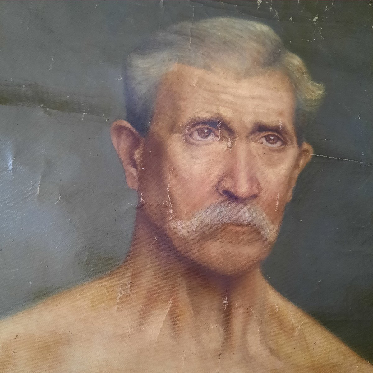 Oil On Rolled Canvas Portrait Of Mustachioed Man-photo-4