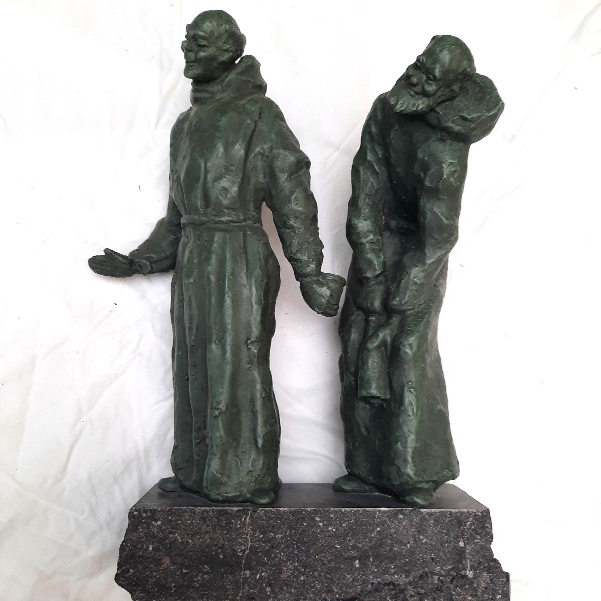 ;;; Et Dieu Dans Tout çà ?;;;; Sculpture En Terra Cotta Patine Vert Bronze 