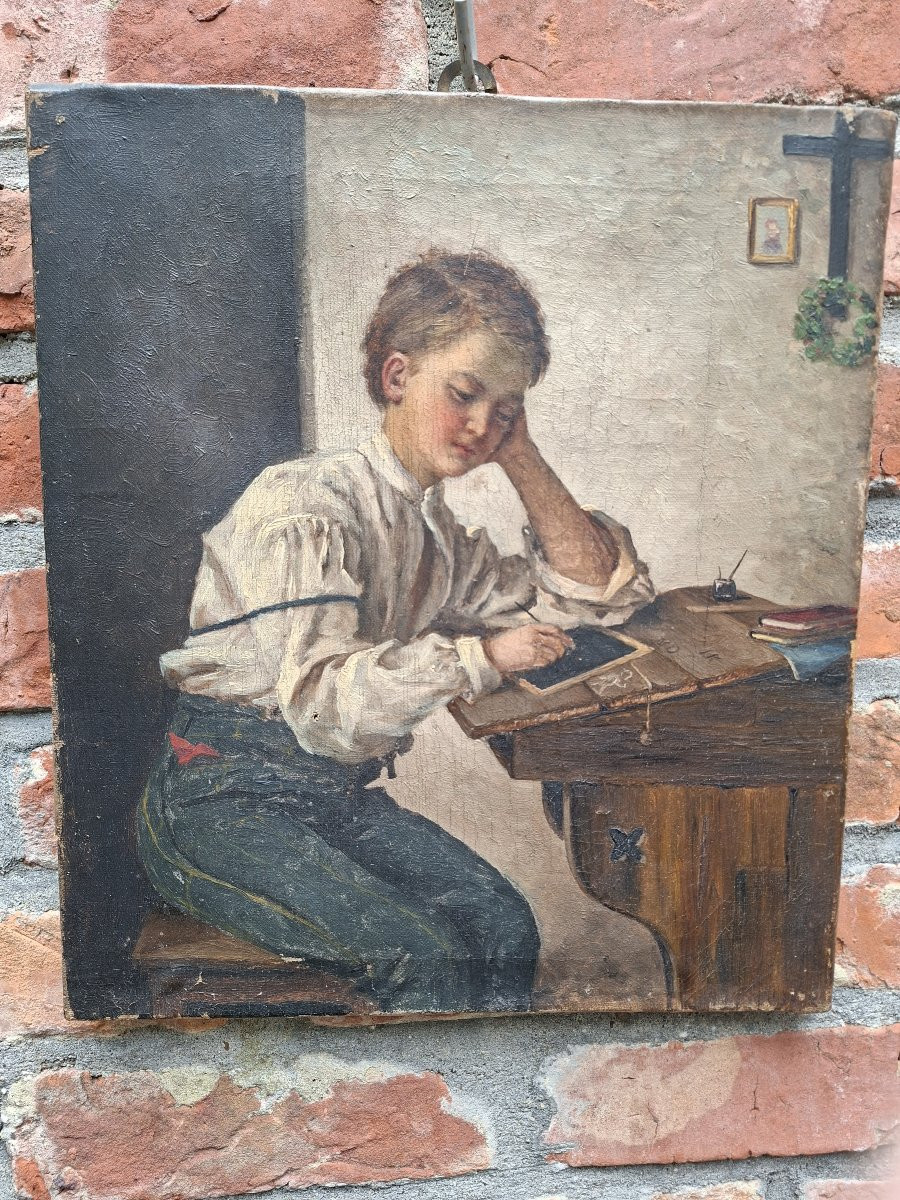 The Studious Or Pensive Child Oil On Canvas Late 19th Century-photo-2