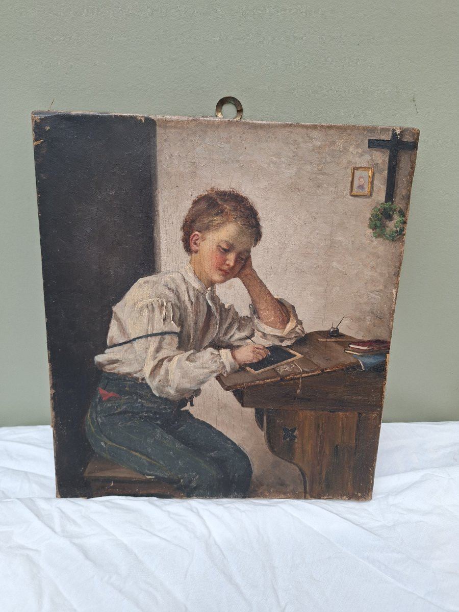 The Studious Or Pensive Child Oil On Canvas Late 19th Century-photo-3