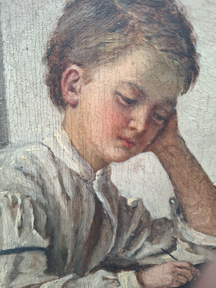 The Studious Or Pensive Child Oil On Canvas Late 19th Century-photo-4