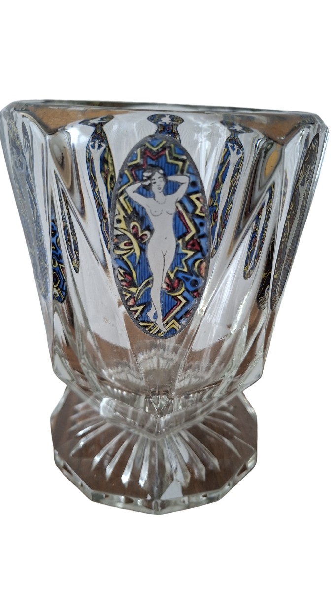 vase boheme art deco au décor peint de pin Up