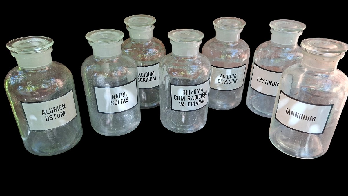 Set Of Large Enameled Pharmaceutical Emergency Bottles